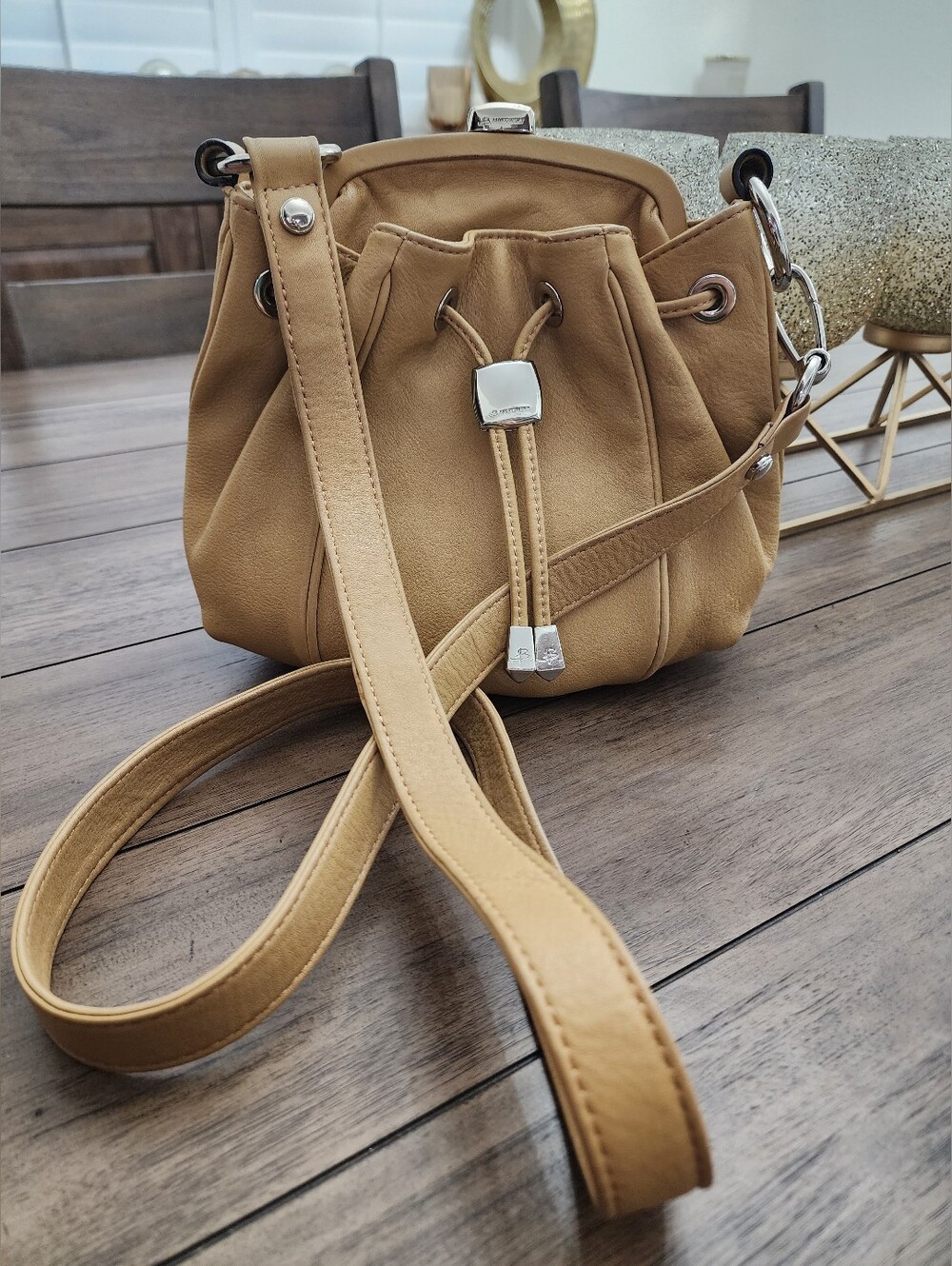 b. Makowsky Tan Leather Drawstring Crossbody Bag